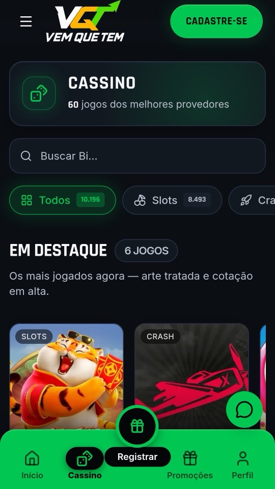 Tela de cassino do app