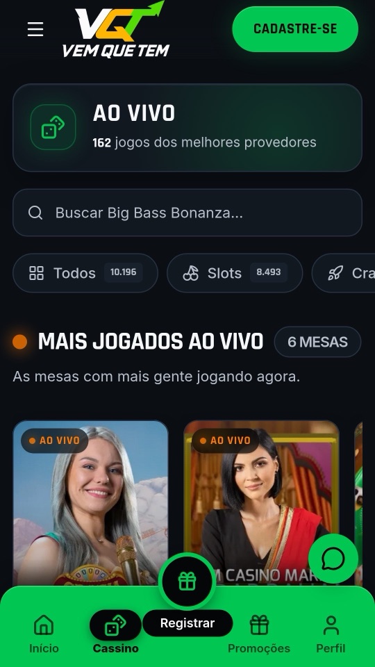 Tela de cassino ao vivo do app